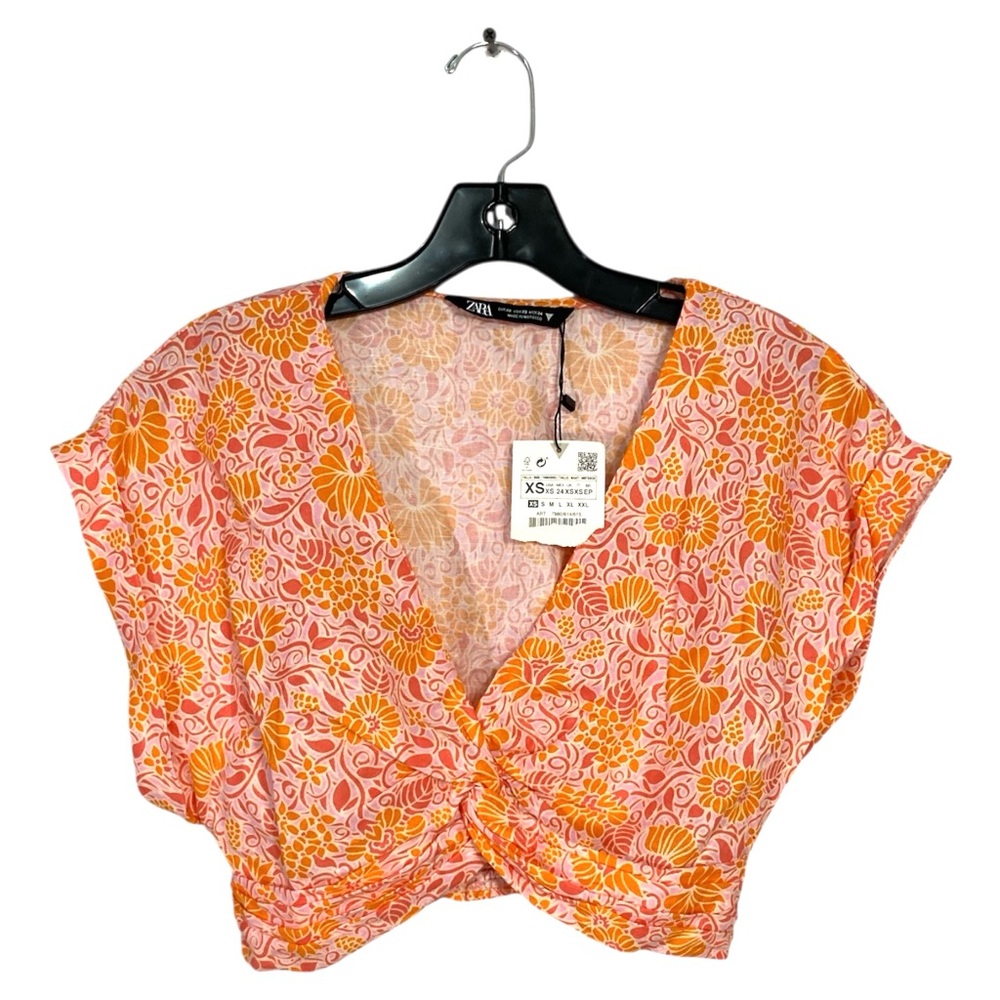 NWT Zara Cropped Blouse Floral Print Twist Linen Blend Lightweight Orange XS